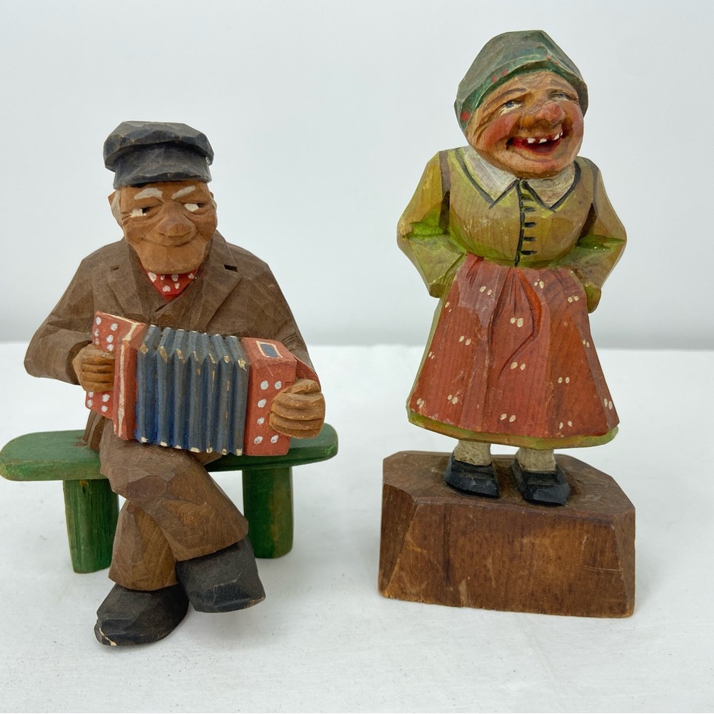 Vintage Alpine Hand-Carved Wooden Folk Art Couple ANRI Accordian and Large Tote